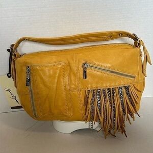 Junior Drake Blush Leather Shoulder Bag Fringe & ChainS mustard yellow NWT